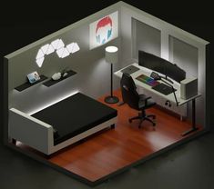 a room with a bed, desk and computer on the floor in front of it