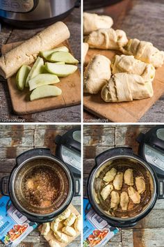 process shots showing how to make apple cider rolls in the crockpot with apples and cinnamon