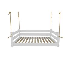 a white swing bed with wooden slats and rope on the bottom, against a white background