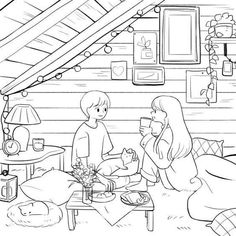 a black and white drawing of two people in a cabin