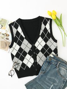 Ootd Rompi, Button Front Sweater, Button Vest, Argyle Pattern, Fashion Sketchbook, Teen Fashion Outfits