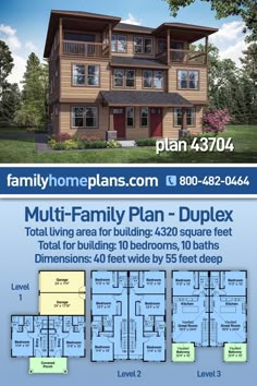 the floor plan for a multi - family home with three levels and four bedroom, two bathroom