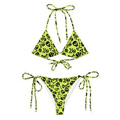 Lime Skull String Bikini Lime Green Background, Gothic Elegance, Punk Skull, Recycled Polyester Fabric, A Skull, Summer Swim Suits, Dad Caps, Skull And Crossbones, Swimwear Collection