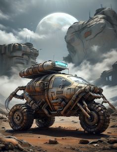 a sci - fi vehicle in the middle of an alien land with two spaceships