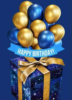 a blue box with gold balloons and a ribbon around it that says happy birthday to you