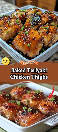 baked teriyaki chicken thighs in a white casserole dish