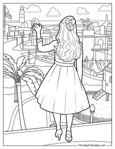 a girl in a dress looking out the window at an urban cityscape with palm trees