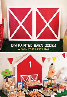 a farm themed party with red and white barn doors