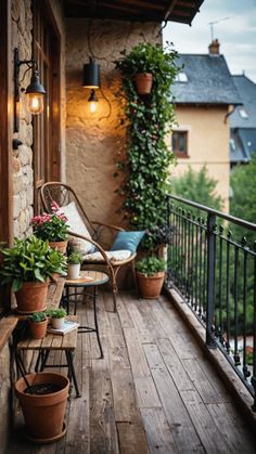 an outdoor balcony with potted plants and lights on the side of the porch area