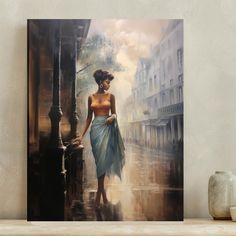 a painting of a woman walking down the street