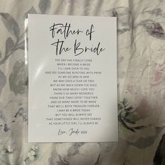 a piece of paper with the words father of the bride written in black on it