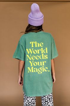 LALA ORIGINAL DESIGN: The World Needs Your Magic Oversized Tee in Sage – Dressed In LALA Sage Green Background, Trendy Shirt Designs, Shirt Design Inspiration, Trendy Shirts, Green Background, Oversized Tee, Tee Design, Cropped Sweater, Graphic Shirts