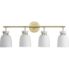 a bathroom light with four white shades on the fixture and one gold plated arm