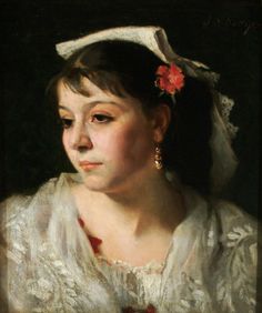 a painting of a woman with a flower in her hair and wearing a white dress