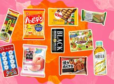 many different types of food on a pink and orange background with japanese characters in the middle