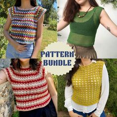 three pictures of different types of crochet clothing with text overlay that says, pattern bundle