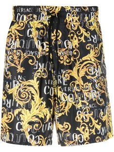 black/yellow signature Regalia Baroque print all-over logo print elasticated drawstring waistband straight leg above-knee length two side slit pockets Baroque Print, Black And White Shorts, Track Shorts, Jeans Casual, Shorts Casual, Versace Jeans Couture, Versace Jeans, Short En Jean, Gianni Versace