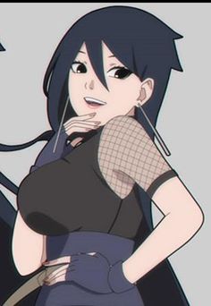 an anime character is posing for the camera with her hand on her chin and wearing a black dress