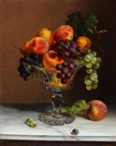 a painting of fruit in a glass bowl on a marble counter top with grapes, peaches and apricots