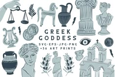 greek goddesss and their art prints are shown in black and white on a white background