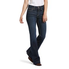 This high-rise trouser is slim-fitting through the hip, thigh, and knee then opens up into the trouser leg we all know and love. The versatile dark wash and subtle stitching are easy to wear with everything from heels to boots. Slim Trouser Ella Wide Leg | Product Features : 0 : Waistband that won't gap|Figure-flattering stretch fabric means the seat won’t sag | Women's Slim Trouser Ella Wide Leg in Rascal 9.75 oz ring-spun stretch denim. 95% Cotton, 4% Elasterell-p, 1% Lycra® spandex. Imported, Ariat Clothing, Classic Trousers, Slim Trousers, Trouser Style, Wide Boots, Western Outfits, Trouser Jeans, Western Wear, Christmas List