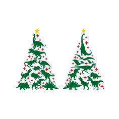 two christmas trees with dinosaurs on them and stars in the top, one is green