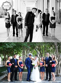 the wedding party is posing for pictures in front of the building and on the steps