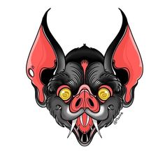 a red demon mask with yellow eyes and horns on it's face is shown