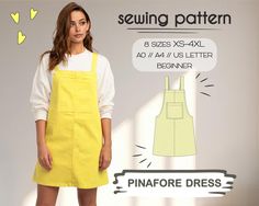 a woman wearing an apron and dress sewing pattern with the instructions for how to sew