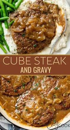 steak and gravy in a white bowl with mashed potatoes