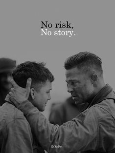 two men standing next to each other in front of a black and white photo with the words no risk, no story