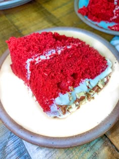 a slice of red velvet cake on a plate