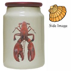 a ceramic jar with a lobster painted on it and a shell in the background that says side image