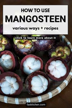 A ripe mangosteen fruit cut open, revealing its juicy white flesh inside a deep purple rind. The white segments are plump and soft, contrasting with the dark outer skin. A few whole mangosteens with vibrant green stems sit beside it on a wooden surface. African Mango Benefits, Mangosteen Fruit, Tropical Fruit, Skin Health, Immune System