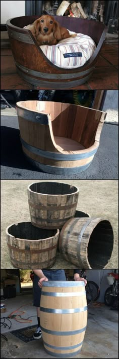 there is a dog laying in a wooden boat made out of wine casks and barrels