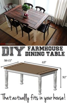 the diy farmhouse dining table is shown with measurements to fit it in your house