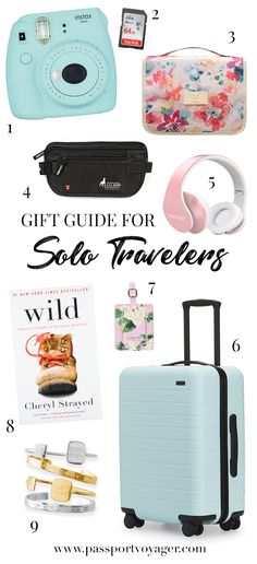 the gift guide for solo traveler's is shown in blue and white with text overlay