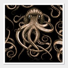 an octopus drawing with gold ink on black paper