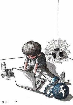 a drawing of a boy sitting in front of a laptop computer with a spider web hanging from the ceiling