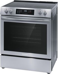 a stainless steel oven with the door open and an electronic display on it's side