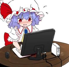 an anime character sitting at a computer on a desk