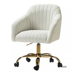 a white office chair with gold wheels and casteors on an upholstered base