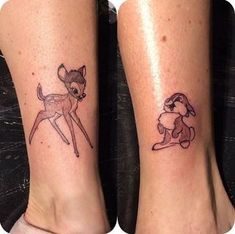 two people with tattoos on their legs and one has a small deer tattoo on the leg