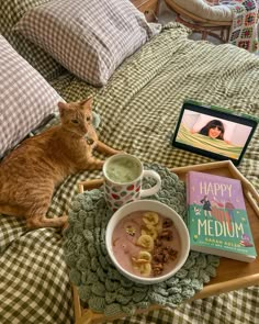 an orange cat laying on top of a bed next to a bowl of cereal and a book