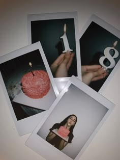 four polaroid photos of a woman holding a birthday cake with candles on it and the number eight