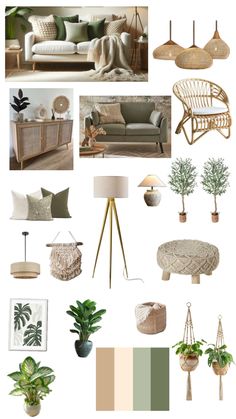 a collage of furniture and decor in shades of beige, green, white and neutral