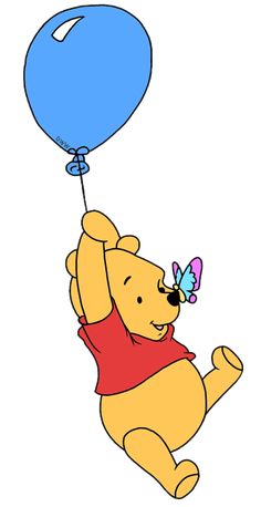 winnie the pooh flying with a blue balloon in its mouth and a butterfly on it's nose