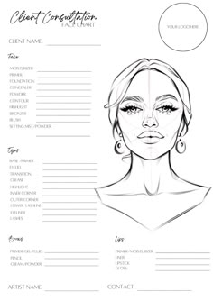 This make-up face chart has been designed for all pro make-up artists and beauty enthusiasts who would like to use them for clients when booked for a bridal make-up trial or prepping/designing for an upcoming event or merely just to practice on. This product is a digital product which is printable and can be edited on Canva where you can make it your own: - Add your company logo - Play around with colours - Play around with different fonts Blank Face Chart, Artist Career, Paper Makeup, Blank Face, Face Charts, Face Template, Makeup Books, Makeup Face Charts, Makeup Class