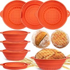 orange plastic pie pans and bowls with bread in them on a white background next to wheat stalks