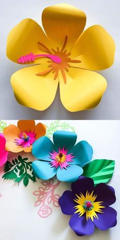 paper flowers are arranged on top of each other and placed in different colors, shapes, and sizes